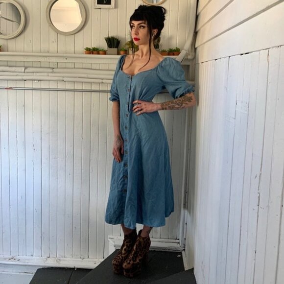 Zara Premium Denim Chambray Off Shoulder Midi Button Down Dress Blue Medium - Picture 13 of 13